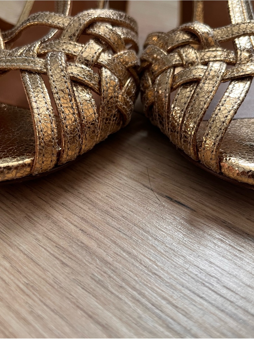 Sezane Gold Metallic Woven T-Strap Heels - Picture 8 of 13